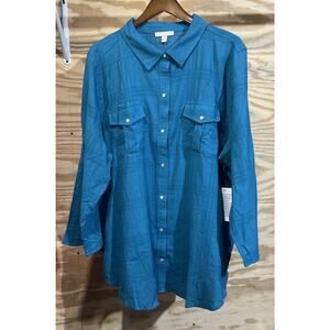 Woman Within Cotton Textured Pearl Snap Tunic Top Teal Green Sz 2X Oversized